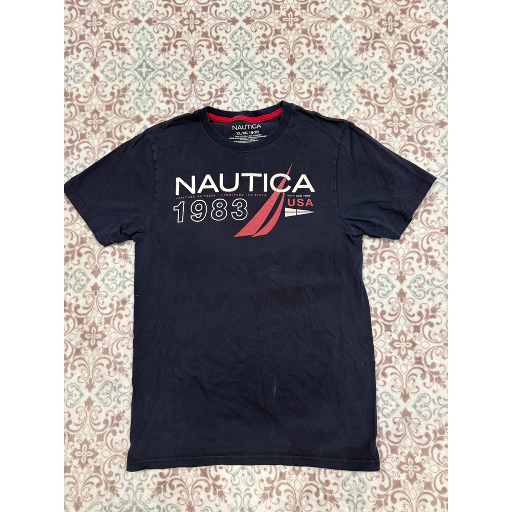 Nautica Boys XL 18-20 Navy Blue Graphic T-Shirt 1983 USA Sail Logo Cotton